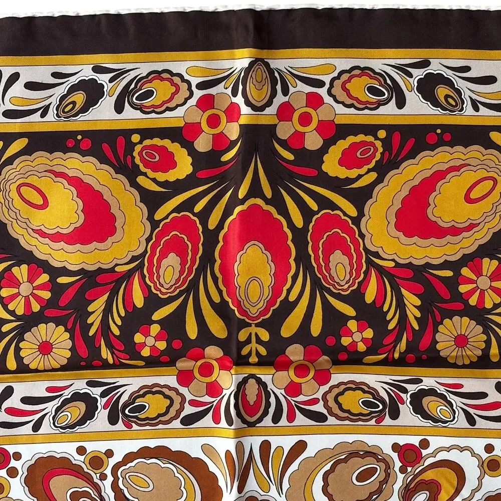 Vintage 70s silky square scarf brown tan gold orange paisley print hand rolled
